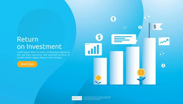 Rendimento dell'investimento concetto di ROI. crescita delle imprese frecce successo. monete della pianta del dollaro, grafico e borsa dei soldi. grafico aumentare il profitto. Finanza in aumento. banner stile piatto illustrazione vettoriale . — Vettoriale Stock