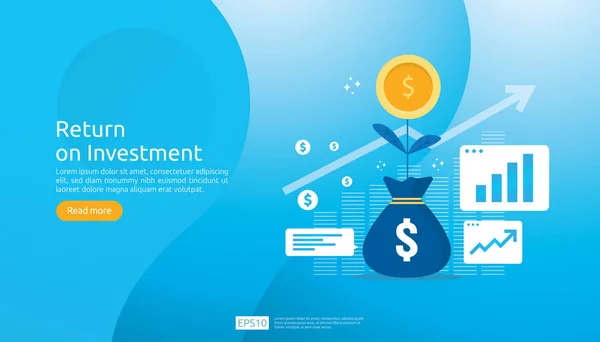 Avkastning på investeringen ROI koncept. Business Growth pilar framgång. dollar Plant mynt, graf och penga påse. diagram öka vinsten. Finansieringen sträcker sig uppåt. banner platt stil vektor illustration. — Stock vektor