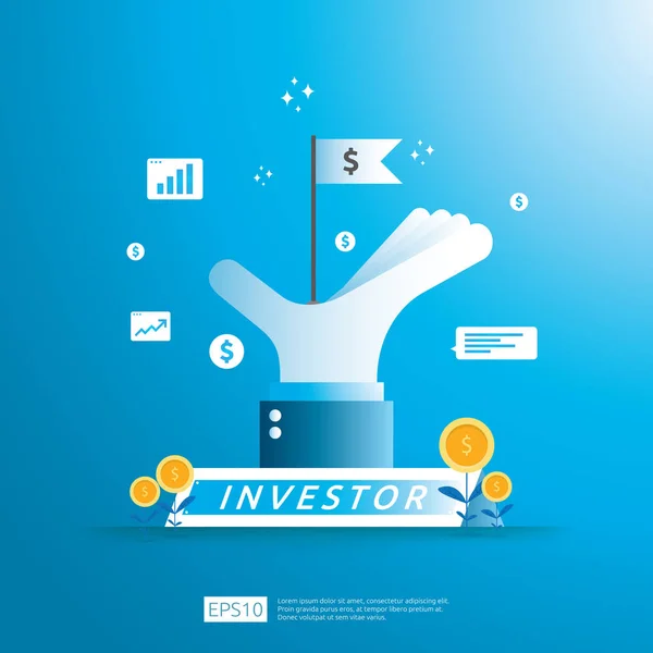 financial business investor funding concept with money coin and success symbol flag in big hand illustration. Return on investment ROI or salary payment conceptual. vector illustration