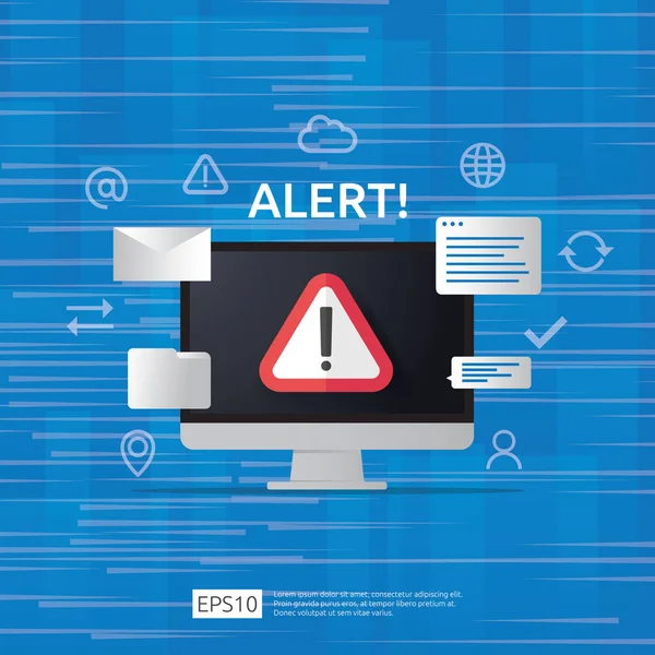 주의 경고 공격자 경고 표시컴퓨터 모니터 화면에 느낌표가 있습니다. 인터넷 위험 기호 아이콘의 경고를 조심. 보안 VPN 보호 개념입니다. 벡터 일러스트레이션.. — 스톡 벡터