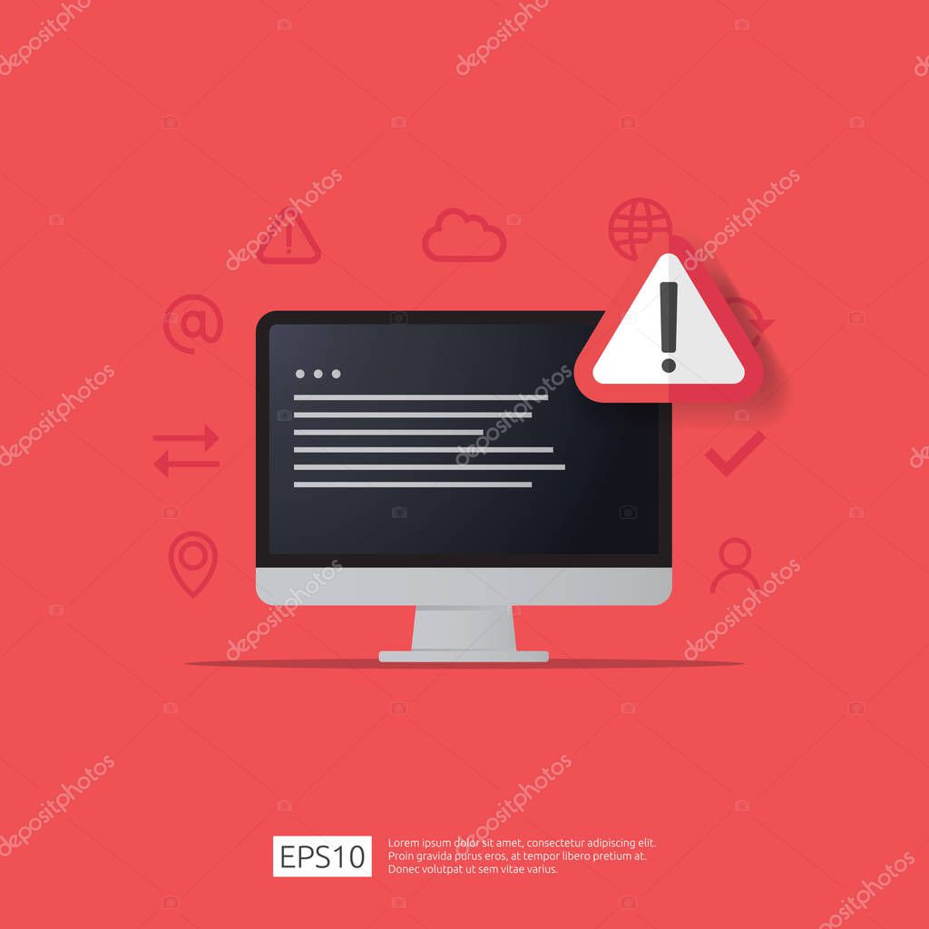 Attention warning attacker alert sign with exclamation mark on computer monitor screen. beware alertness of internet danger symbol icon. Security VPN protection Concept. vector illustration.