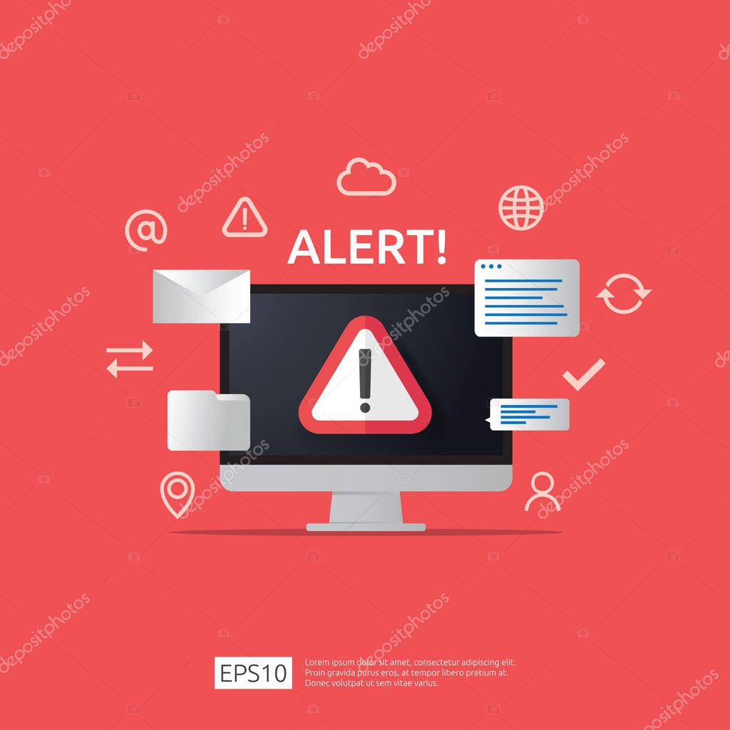 Attention warning attacker alert sign with exclamation mark on computer monitor screen. beware alertness of internet danger symbol icon. Security VPN protection Concept. vector illustration.