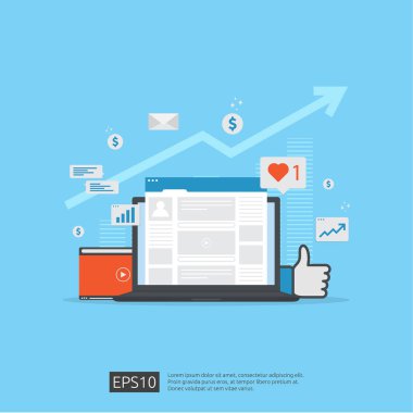 Poster, web sayfası, afiş, sunum için sosyal medya ağı ve dijital pazarlama konsepti. iş büyüme stratejisi için web trafik hedef kitle analizi. Düz stil vektör çizimi