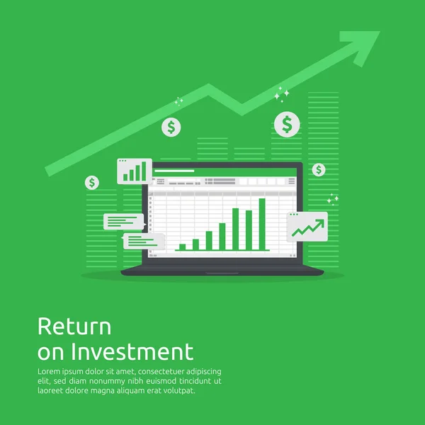 Gráfico de crescimento do negócio e gráfico de setas aumentar para o sucesso. Retorno do investimento ROI ou aumentar o conceito de lucro. Financiamento a aumentar. Análise financeira para banner de estratégia de marketing . —  Vetores de Stock