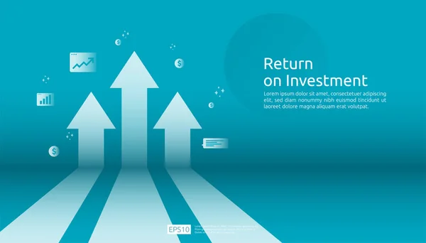 Avkastning på investeringen ROI, vinst Opportunity koncept. Business Growth pilar till framgång. Arrow med dollar Plant mynt, diagram och diagram ökning. Business banner platt stil vektor illustration. — Stock vektor