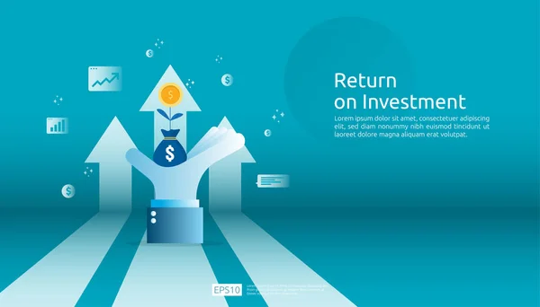 Return on Investment roi, Profit-Chancen-Konzept. Geschäftspfeile zum Erfolg. wachsen Dollar-Münze Pflanze Geldbeutel auf der Hand großer Anleger mit Zunahme Diagramm. Illustration Geschäftsbanner. — Stockvektor