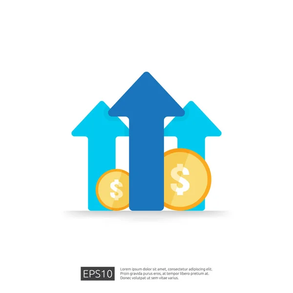 Renda salário dólar aumento da taxa estatística. lucro comercial receita de margem de crescimento. Financiar o desempenho do conceito de retorno sobre o investimento ROI com seta. custo venda ícone estilo plano vetor ilustração — Vetor de Stock