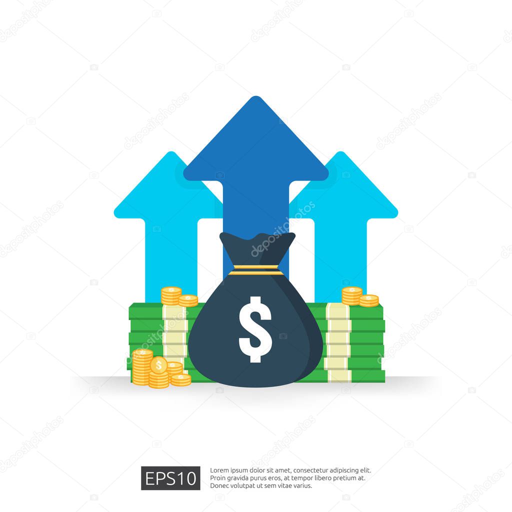 Vettoriale stockReddito salario dollaro tasso di aumento statistico. ricavi  di margine di crescita di business. Performance finanziaria del ritorno sul  concetto di investimento ROI con freccia. costo vendita icona stile piatto  vettoriale, image size:1024x1024