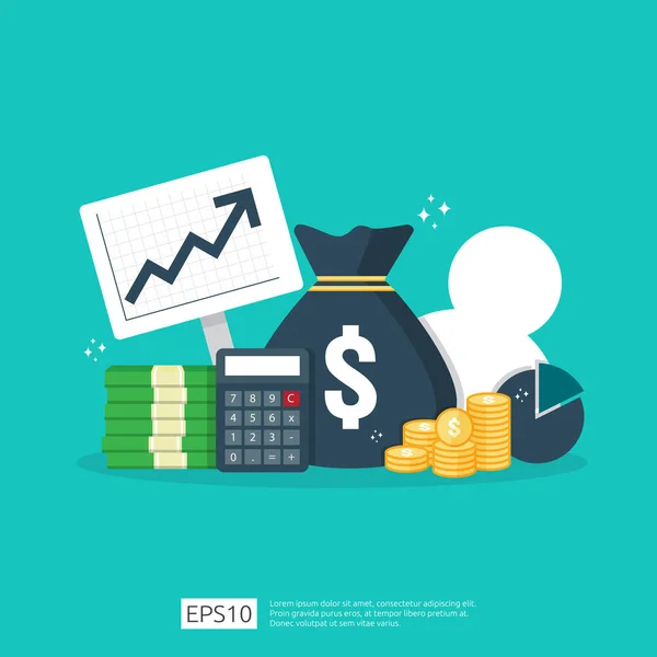 Finance performance of return on investment ROI concept with arrow. income salary rate increase. business profit growth margin revenue. cost sale icon. dollar symbol flat style vector illustration — Stock Vector