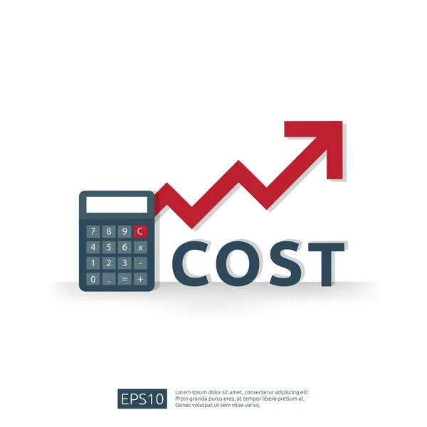 Cost fee spending increase with red arrow rising up growth diagram. business cash reduction concept. investment growth progress with calculator element in flat design vector illustration — Stock Vector