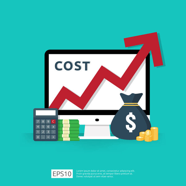 cost fee spending increase with red arrow rising up growth diagram. business cash reduction concept. investment growth progress with calculator, desktop PC, money element in flat design illustration