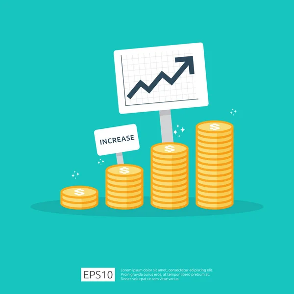 Financiar o desempenho do conceito de retorno sobre o investimento ROI com seta. aumento da taxa salarial de renda. lucro comercial receita de margem de crescimento. ícone de venda de custo. dólar símbolo estilo plano vetor ilustração — Vetor de Stock