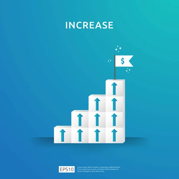 Tillväxtföretag ökar konceptet med stapling block. steg trappa stege med pil upp vektor illustration för framgång process, löneförhöjning inkomst lönen klassar, finans resultat av avkastning på investeringen ROI. — Stock vektor
