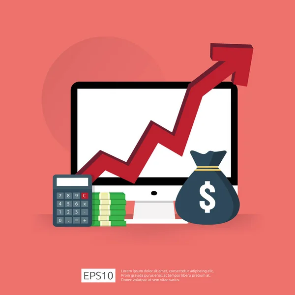 Kostenvergoeding uitgaven verhogen met pijl stijgende groei diagram. Business Cash Reduction concept. investeringsgroei vooruitgang met computer-en rekenmachine-element in plat ontwerp vector illustratie — Stockvector