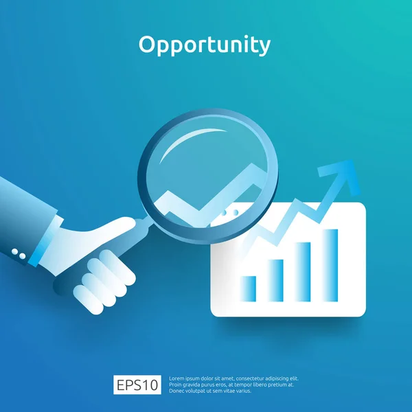 business idea analytic and opportunity research concept with increase growth graphic chart and magnifying glass on hand. Finance performance of return on investment ROI illustration with arrow element