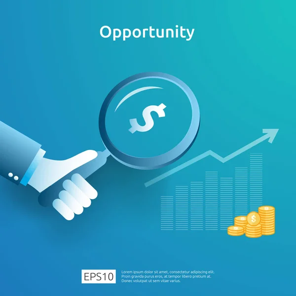 business idea analytic and opportunity research concept with increase growth graphic chart and magnifying glass on hand. Finance performance of return on investment ROI illustration with arrow element