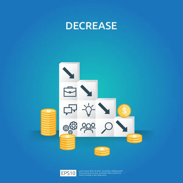 Affärs kris koncept. pengar faller ner med pil minska symbol på stapling block. ekonomin sträcker droppe, global förlorade konkurs. kostnad minskande minskning eller förlust av inkomst med högen dollar mynt — Stock vektor