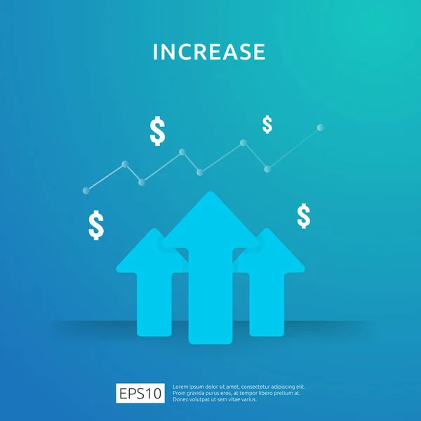 Aumento da taxa salarial de renda. Financiar o desempenho do conceito de retorno sobre o investimento ROI com seta. lucro comercial receita de margem de crescimento. ícone de venda de custo. dólar símbolo estilo plano vetor ilustração — Vetor de Stock
