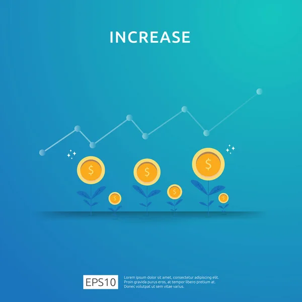 Aumento da taxa salarial de renda. Financiar o desempenho do conceito de retorno sobre o investimento ROI com seta. lucro comercial receita de margem de crescimento. ícone de venda de custo. dólar símbolo estilo plano vetor ilustração — Vetor de Stock