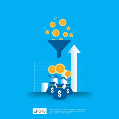 huni, para ve grafik nesnesi öğesi ile filtre kavramının bilgi veri toplama. iş stratejisi kavramı için dijital pazarlama analizi. Düz Tasarım Vektör İllüstrasyon