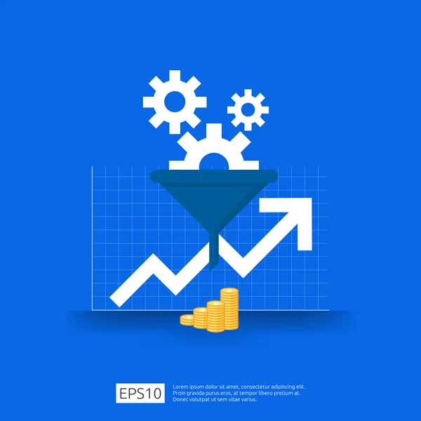 Informationsdata insamling av filterkoncept med tratt, pengar, och Graph objekt element. digital marknadsföring analys för affärsstrategi koncept. Platt design vektor illustration — Stock vektor