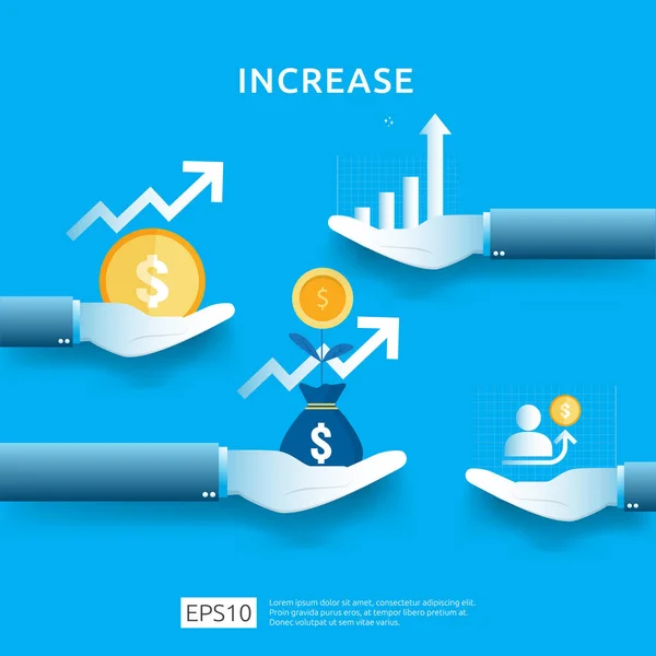 363 Gráfico de mão Crescimento 01 gráfico de negócios na mão. aumento da taxa salarial de renda. receita de margem de crescimento gráfico. Financiar o desempenho do conceito de retorno sobre o investimento ROI com elemento seta. estilo plano desig — Vetor de Stock