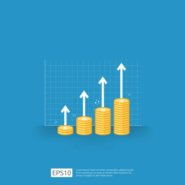 Aumento de la tasa salarial. negocio beneficio crecimiento margen de ingresos. Financia el rendimiento del concepto de retorno de la inversión con flecha. icono de venta de costos. dólar símbolo plano estilo vector ilustración — Vector de stock