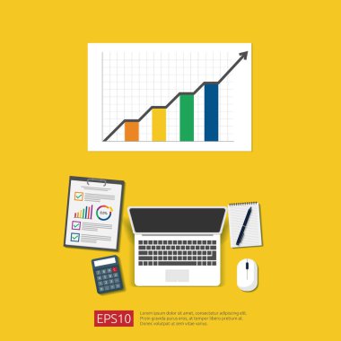 Finansal Analiz iş, finansal istatistik ve yönetim kavramı. Büyüme grafik çubuğu belge, dizüstü bilgisayar ve rapor ile İşyeri masası üst görünümü. Düz stil vektör çizimi.