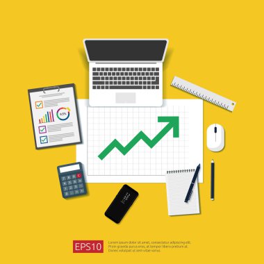 Finansal Analiz iş, finansal istatistik ve yönetim kavramı. Büyüme grafik çubuğu belge, dizüstü bilgisayar ve rapor ile İşyeri masası üst görünümü. Düz stil vektör çizimi.
