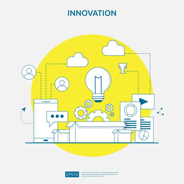 Ötletbörze innovációs ötlet folyamat és kreatív gondolkodás koncepció villanykörte lámpa start-up üzleti projekt. illusztráció honlap kezdőlap, banner, bemutató, közösségi média, nyomtatás — Stock Vector