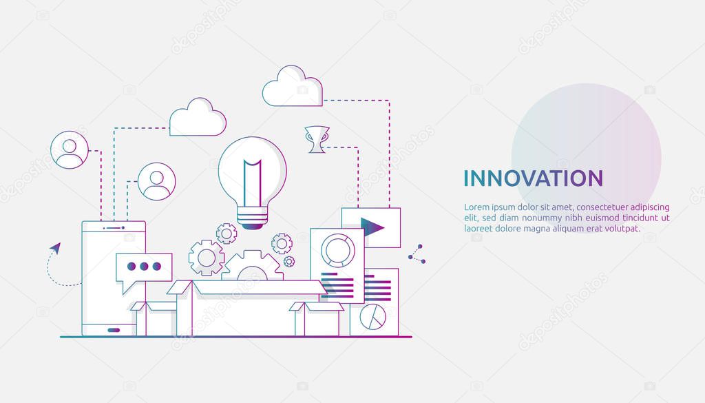 brainstorming innovation idea process and creative thinking concept with light bulb lamp for start up business project. illustration for web landing page, banner, presentation, social media, print