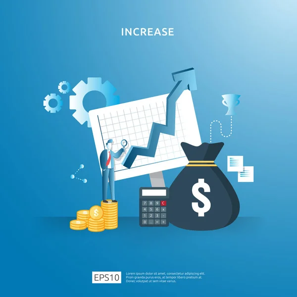 Aumento de la tasa salarial de ingresos ilustración concepto con carácter de la gente y flecha. Resultados financieros del rendimiento de la inversión ROI. crecimiento del beneficio empresarial, aumento de la venta margen de ingresos con símbolo de dólar — Archivo Imágenes Vectoriales