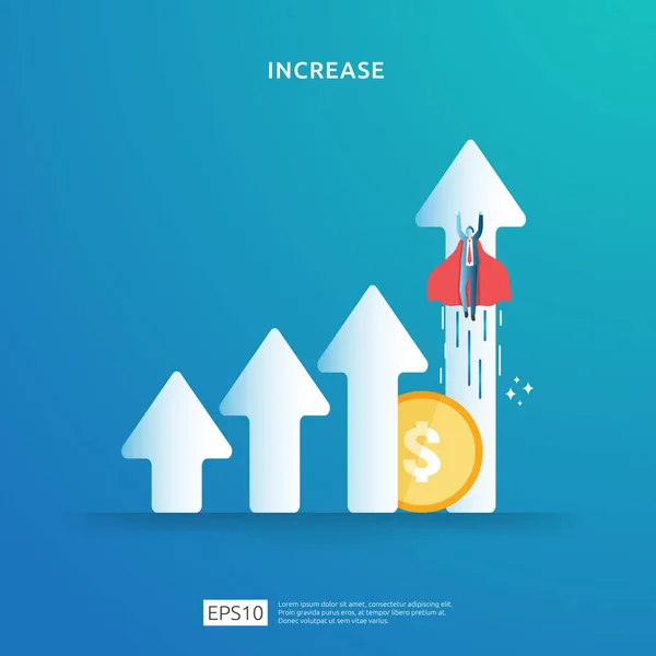 Aumento de la tasa salarial de ingresos ilustración concepto con carácter de la gente y flecha. Resultados financieros del rendimiento de la inversión ROI. crecimiento del beneficio empresarial, aumento de la venta margen de ingresos con símbolo de dólar — Archivo Imágenes Vectoriales