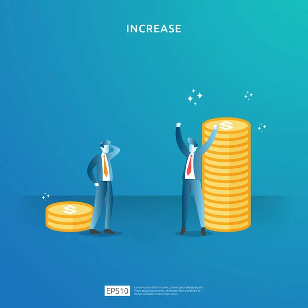 Inkomst lön ränta öka begreppet illustration med människor karaktär och pil. Finansieringsresultat för avkastningen på investerat kapital. rörelsevinst tillväxt, försäljning tillväxt marginal intäkter med dollar symbol — Stock vektor