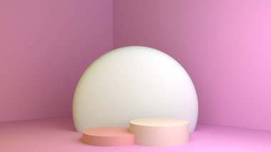 3D canlandırma podyumu, asgari illüstrasyon tasarım tarzıyla. Kozmetik ürün sunumu için pembe model geometrik şekil