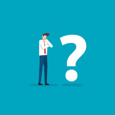 İş adamı ve soru işareti çizimi. İş ikilemi, karar, zorluk ve çözüm vizyonu kavramı.