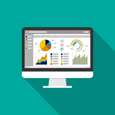 Web statistics analytic charts on Computer screen icon. Flat vector infographic trend graphs information report concept for planning and accounting, analysis, audit, management, marketing illustration