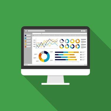Web statistics analytic charts on Computer screen icon. Flat vector infographic trend graphs information report concept for planning and accounting, analysis, audit, management, marketing illustration