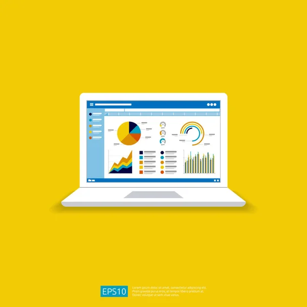 Web Statistics Analytic Charts Laptop Screen Icon Flat Vector Infographic — Stockvektor