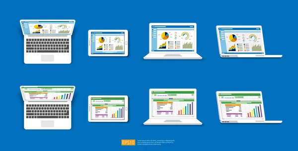 Аналитические Диаграммы Веб Статистики Экране Ноутбука Набор Значков Инфографика Плоских — стоковый вектор