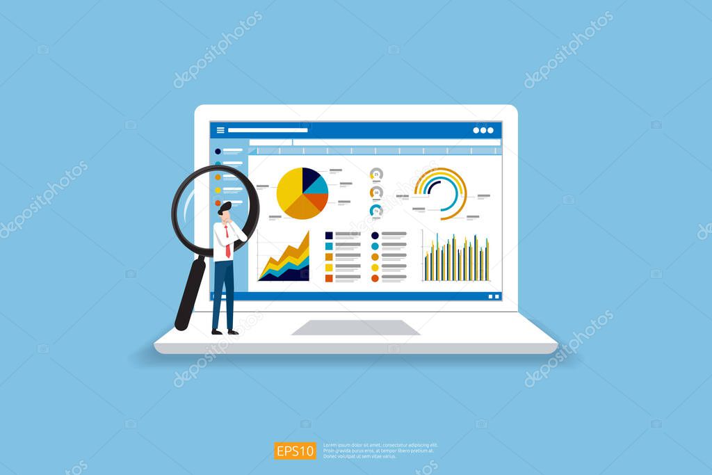 businessman analysis web statistics charts on Computer screen. Flat vector infographic analytic trend graphs information concept for planning and accounting, audit, data report, marketing illustration