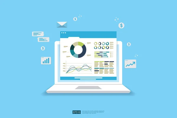 Estatísticas Web Gráficos Analíticos Tela Dispositivo Laptop Gráficos Tendência Infográfico —  Vetores de Stock
