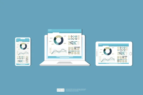 Web Statistics Analytic Charts Laptop Device Screen Flat Vector Infographic — Stockvektor