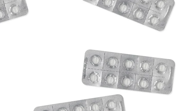 Fronte Cerchio Bianco Pillole Medicinali Blister Isolato Sfondo Bianco Con — Foto Stock