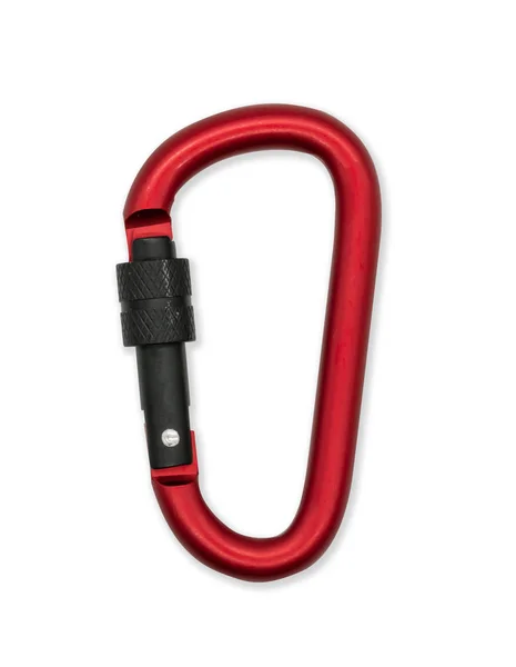 Matte red metal aluminum snap hook isolated on white background. Safety lock carabiner for rope climbing. Path Selection.