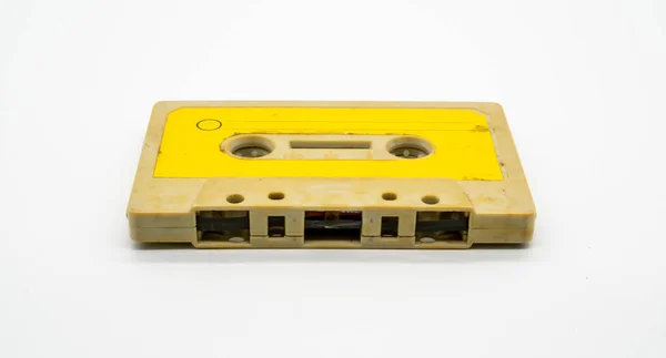 Close Fita Áudio Vintage Antigo Sujo Cassete Isolado Fundo Branco — Fotografia de Stock