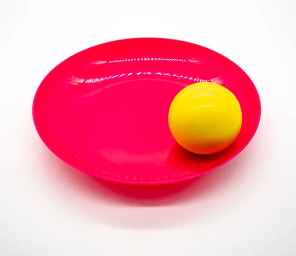 Yellow Ball Red Pink Plastic Dish Isolated White Background — Stock Photo, Image