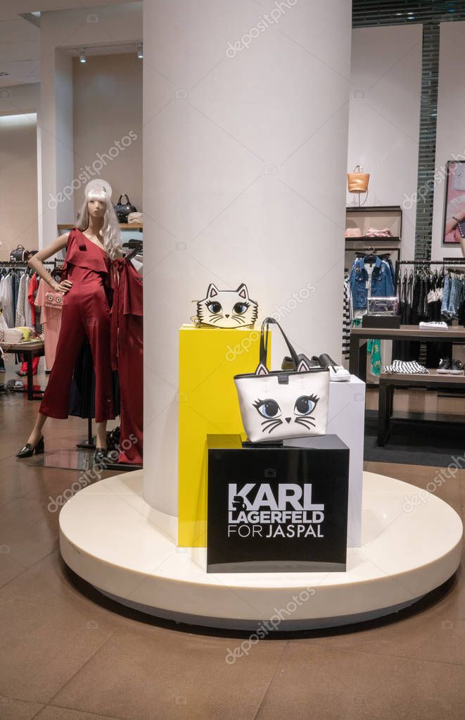 Jaspal shop at Terminal 21, Bangkok, Thailand, May 7, 2018 : Visual merchandising display. Karl Lagerfeild character designed for tote bag in store.