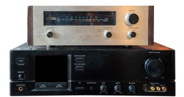 HiFi sistemi amplifikatör. Ev müzik ekipmanları portre. Vintage stereo pikap alici