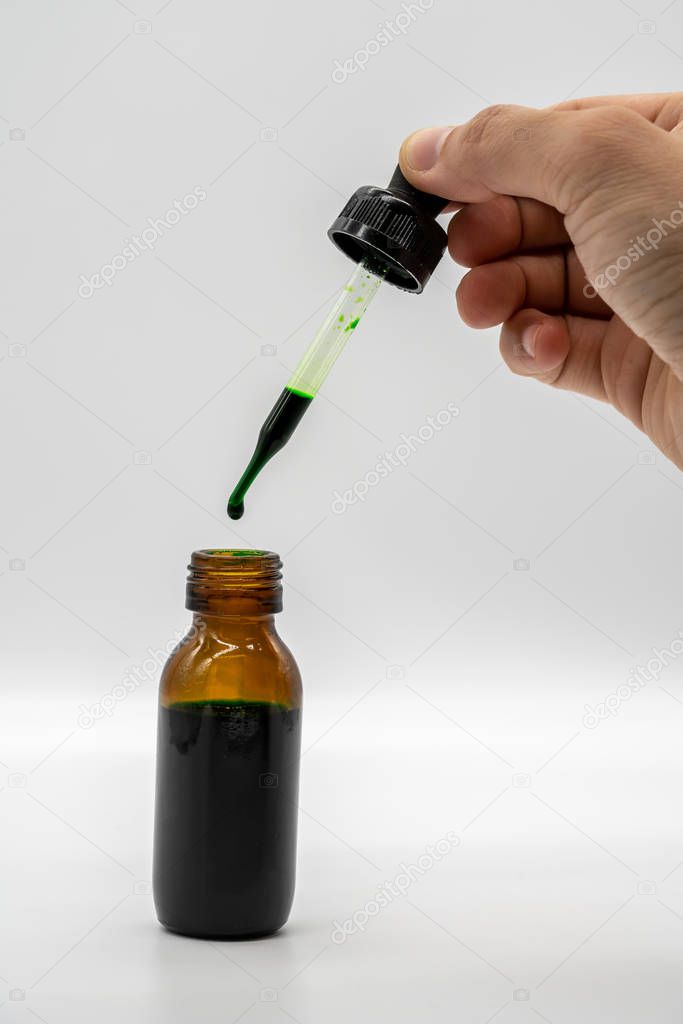 Hand holding the dropper with green color  over the amber glass bottle isolated on white background.